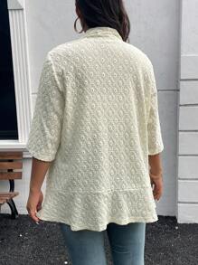 SHEIN Privé 大码优雅基本款无领复古镂空纹理不对称下摆白色轻便夹克，秋季 - 杏色 - 查看 2