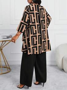 SHEIN Lady 秋冬休闲黑色圆领喇叭袖短袖不对称高低女士连体裤商务休闲女装休闲女装两件套裤子 - 彩色 - 查看 2