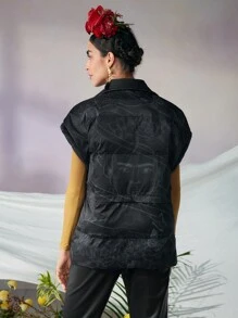 ISELACOS Frida Kahlo X SHEIN X Designer 可拆卸下摆双面蓬松背心夹克，节日，感恩节，冬季，节日 - 黑色 - 查看 2