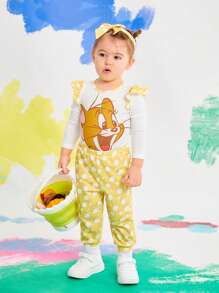 TOM & JERRY X SHEIN 女婴卡通印花荷叶边连体衣和黄色圆点裤，配可爱蝴蝶结头带 - 黃色 - 查看 7