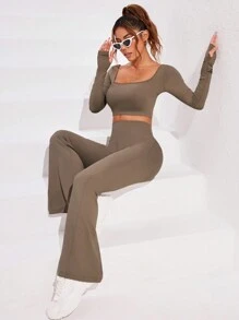 SHEIN Sport Studio Women Solid Color Crew Neck Long Sleeve Top And Flared Leg Pants & Set, Fall Two Pieces Outfit Workout Women Set Women Leggings Set