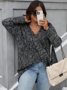 SHEIN LUNE Plus Size Women V-Neck Criss-Cross Wrap High Low Sleeve Fall Sweater Knit Pullover Fall Winter - Black - View 4
