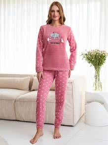 EURMUSE Cartoon & Slogan Embroidery Flannel PJ Set - Pink - View 5