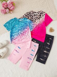 2pcs/Set Young Girl Crew Neck Short Sleeve Allover Print Shirt & Elastic Waist Casual Pants Set - Multicolor - View 1