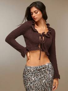 SHEIN Unity Áo len cardigan dệt kim cắt ngắn phía trước viền bèo nhún cho nữ dài tay màu cà phê quần áo mùa đông - màu nâu - Xem 6