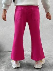 SHEIN Explorewe Young Girls New Y2K Style Fuchsia Color Energetic Denim Flared Pants, Suitable For Daily Wear Colorful Outfit - Pink - View 2