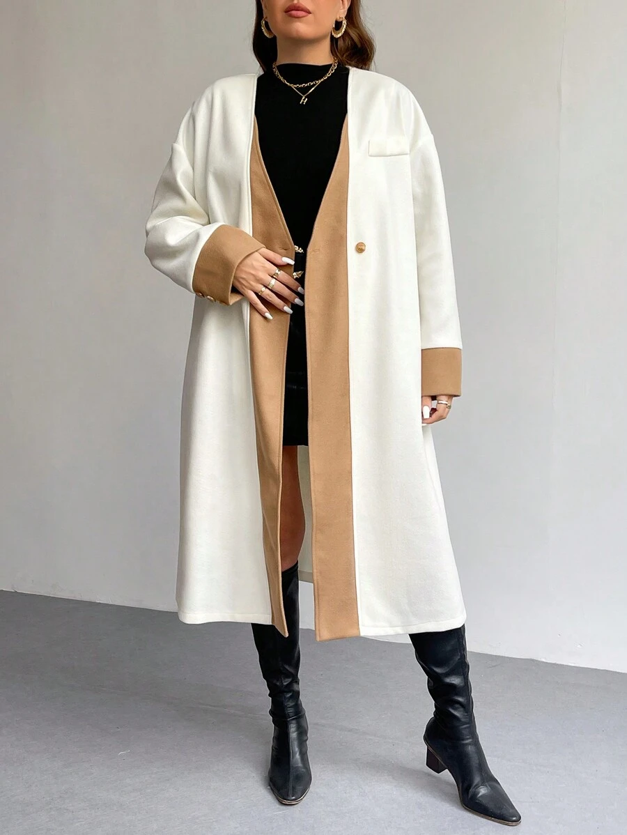 SHEIN Privé Mantel Rajut Tebal Hangat 2-in-1 Warna Kontras 2-in-1 untuk Wanita Ukuran Besar, Nyaman, Kasual, dan Sehari-hari, Warna Aprikot, Cocok untuk Musim Gugur & Musim Dingin - Aprikot - View 1