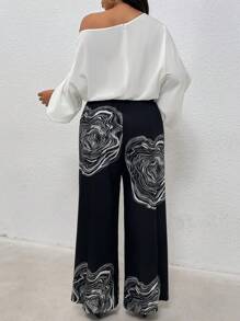 SHEIN Privé Plus Size Summer Casual/Work Commuting Chic Plain Cold Shoulder Jumpsuit For Women With Graphic Print - White - View 2