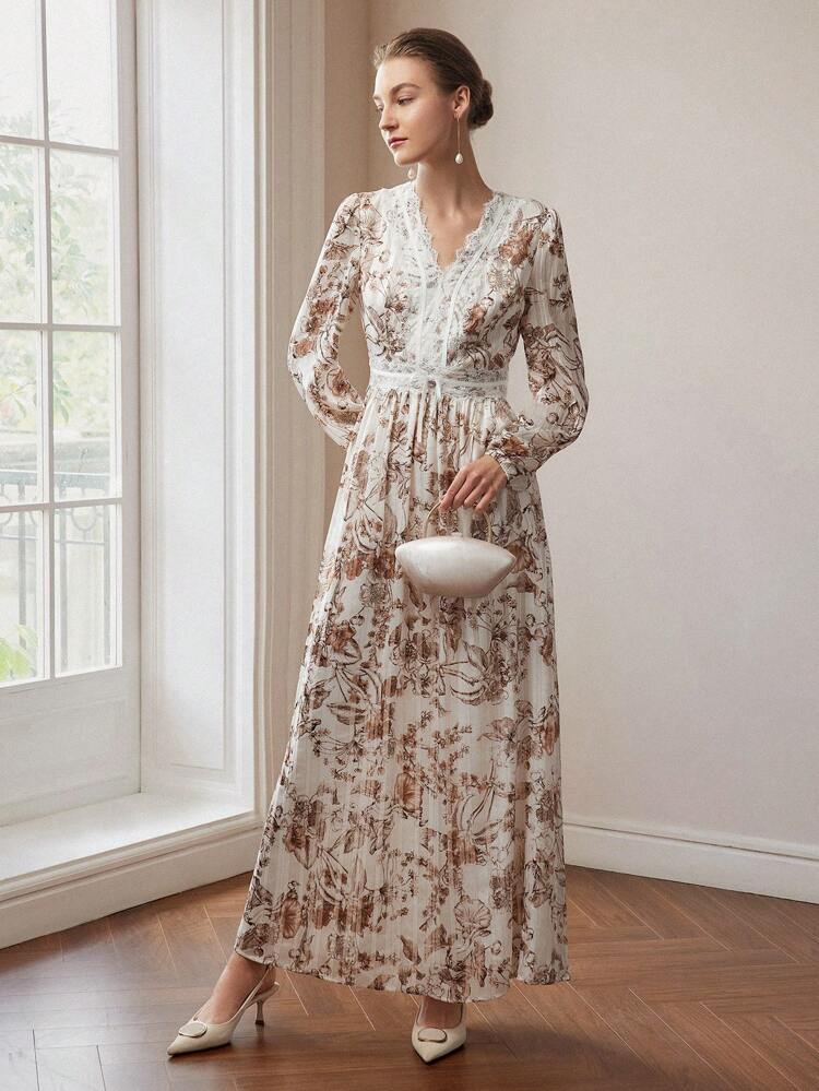 VESTIDO LONGO COM MANGA LANTERNA, DECOTE EM V, DETALHE EM RENDA E ESTAMPA FLORAL TOTAL