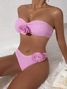 Women 3D Flower Decor Bandeau Bikini Set Summer