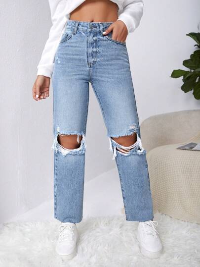 SHEIN EZwear Y2k 破洞直筒牛仔裤