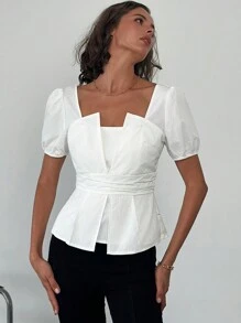 SHEIN Privé Blusa de manga abultada con cintura ceñida, diseño elegante y versátil, adecuada para ir al trabajo, citas y uso casual