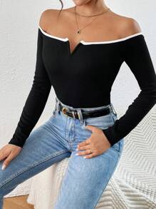 SHEIN Privé Áo thun dài tay hở vai họa tiết tương phản thường ngày mùa xuân/thu dành cho nữ - Đen và trắng - Xem 1