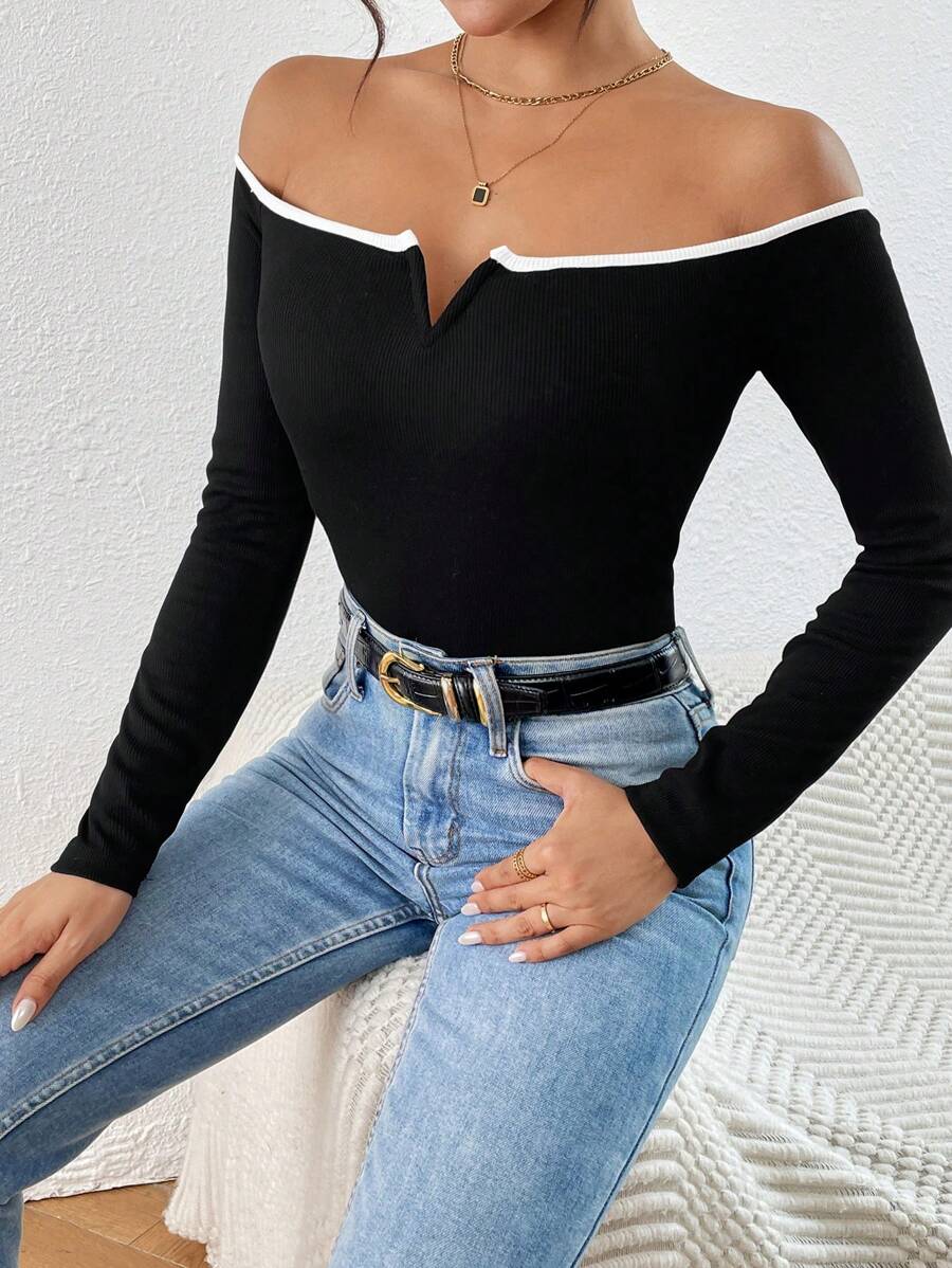 SHEIN Privé Áo thun dài tay hở vai họa tiết tương phản thường ngày mùa xuân/thu dành cho nữ - Đen và trắng - Xem 1