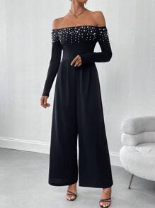 SHEIN Privé Damen Jumpsuit mit Perlenverzierung, Off-Shoulder Design und weitem Bein - Schwarz - Übersicht 1