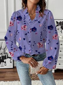 SHEIN LUNE Women's Long Sleeve Full Floral Print Frill Trim Casual Chic Blouse - Purple - View 7