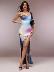 SHEIN Unity Vestido ajustado con abertura frontal, tirantes cruzados y espalda descubierta con estampado degradado para mujer, vestido de graduación - Multicolor - Ver 3