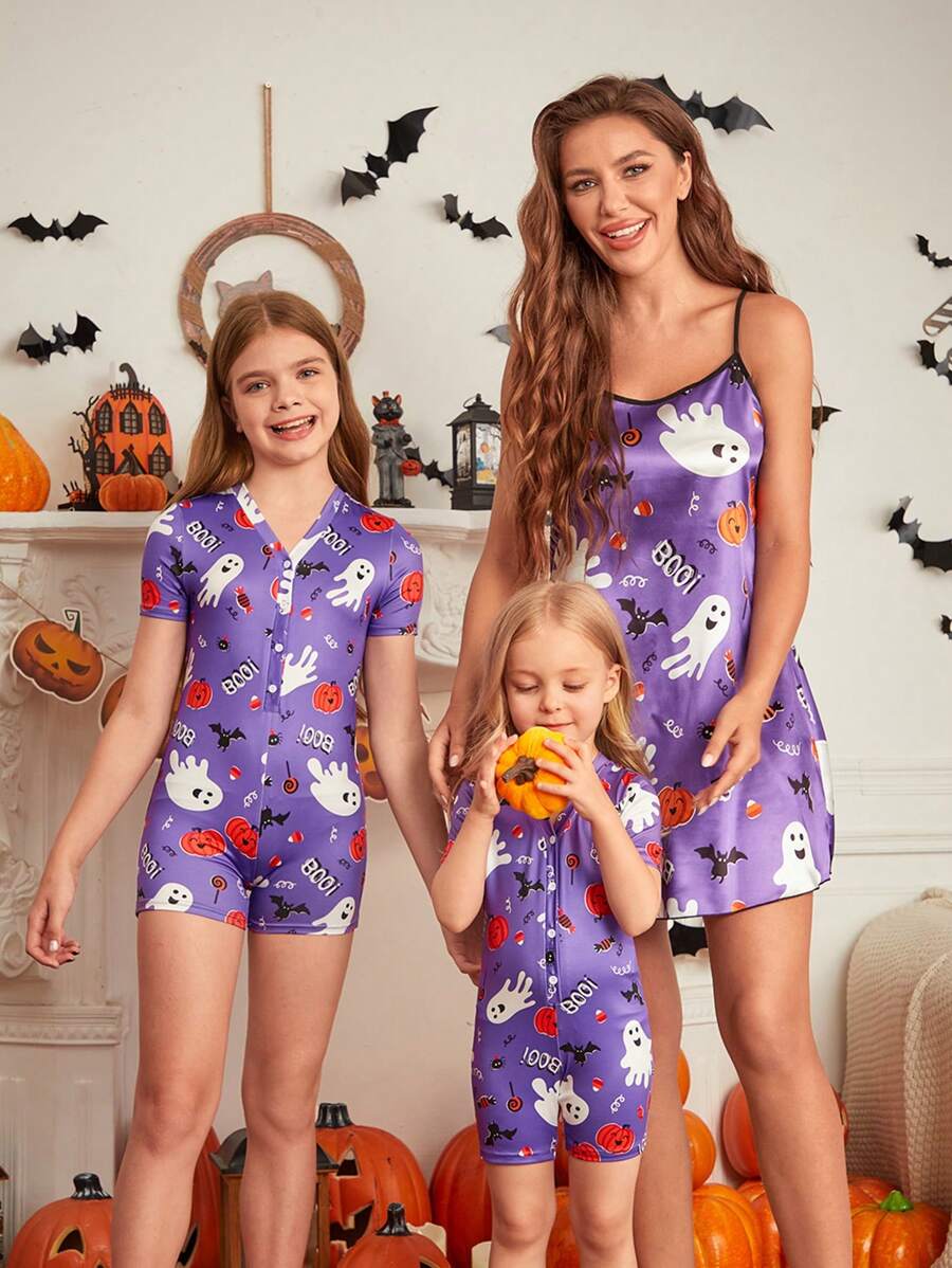 SHEIN 年轻女孩卡通图案紧身短袖 V 领半开领连体裤、万圣节、母子装（3 件另售） - 紫色 - 查看 1