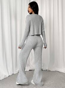 SHEIN EZwear 卡其色罗纹针织开衫 & 针织裤