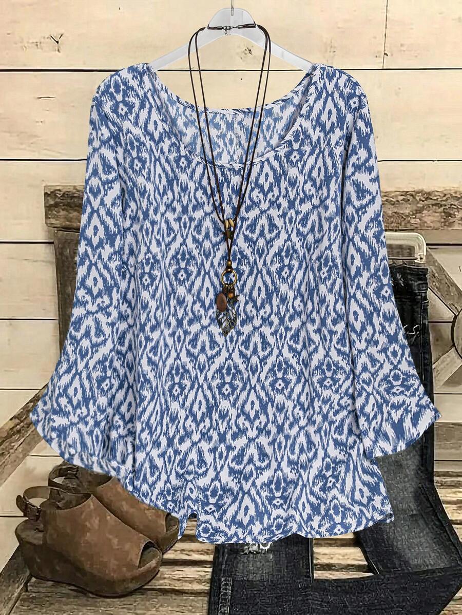 EMERY ROSE Plus Size Women's Allover Print Long Sleeve Round Neck Blouse - Blue - View 1