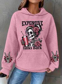 INAWLY Ladies' Casual Skull Skeleton Print Hooded Waffle Sweatshirt,Long Sleeve Tops - Pink - View 1