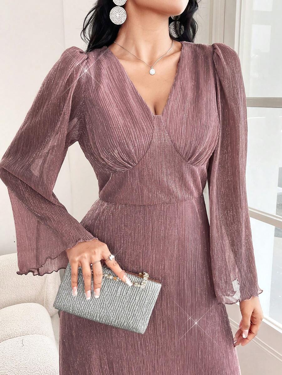 Modelyn Elegantes Damenkleid mit V-Ausschnitt und langen Ärmeln, einfarbig