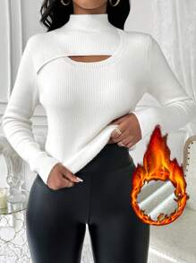 SHEIN Clasi Solid Color Long Sleeve Mock Neck Hollow Out Front Fleece Sweater, Casual Wear