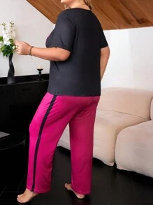 Große Größen Pyjama Set mit roten Lippen, Kontrastfarben und Farbblöcken, Kurzarm