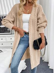 Chiquease Áo len cardigan trơn màu cho nữ, áo len dài tay đơn giản thường ngày - Màu Khaki - Xem 6