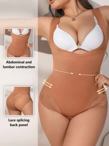 Plus Size Women Jumpsuit With Waist And Stomach Control, Lace Trim Crotch Closure, Sexy Design - Khaki - View 2
