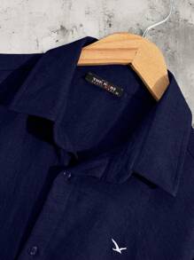 RueChic 100% Cotton Men Embriodery Short Sleeve Regular Shirt & Pants Two-Piece - Navy Blue - View 3