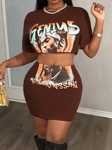 Slaydiva Bộ 2 món phong cách đường phố thường ngày, in họa tiết, gồm áo crop top tay ngắn và chân váy mini dành cho nữ. - Cà phê nâu - Xem 9