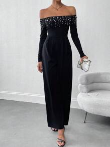 SHEIN Privé Damen Jumpsuit mit Perlenverzierung, Off-Shoulder Design und weitem Bein - Schwarz - Übersicht 4