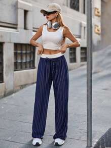 RueChic Women Navy Blue Striped Sweatpants With Boxer Belt Detail - Navy Blue - View 1