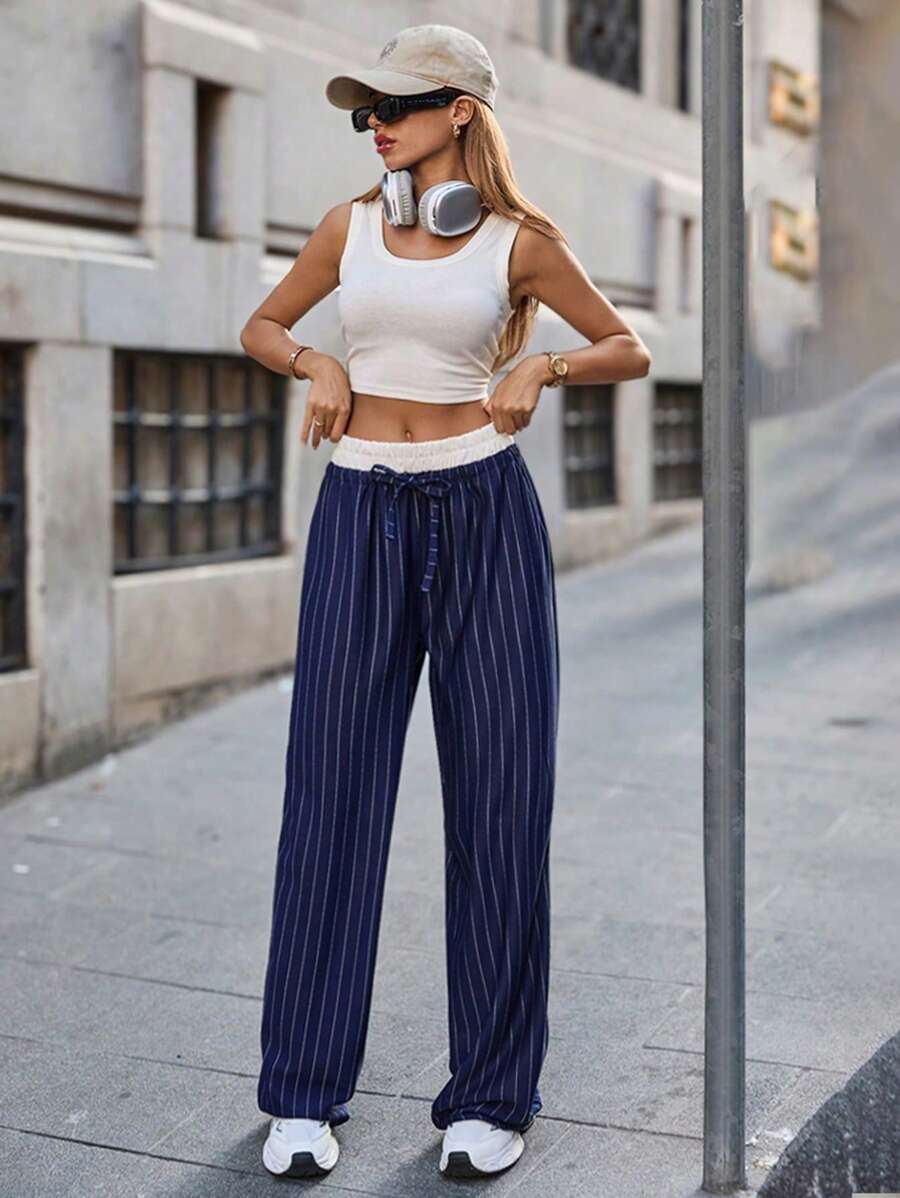 RueChic Women Navy Blue Striped Sweatpants With Boxer Belt Detail - Navy Blue - View 1