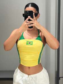 SHEIN ICON Parte superior de tirantes sin espalda a la moda con estampado de rayas y contraste de colores, top tipo deportivo Y2K para mujer