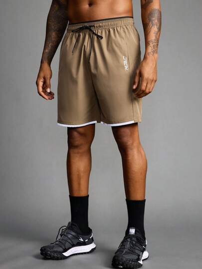 Manfinity Acti Log 男友风男士抽绳字母印花时尚户外休闲运动短裤返校健身服徒步运动裤