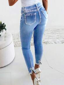 Quần jeans nữ dáng ôm đính đá lấp lánh thời trang mùa xuân 2024. - Rửa nhẹ - Xem 2