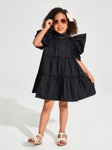 SHEIN Vestido casual feminino jovem tecido cor sólida elegante com babados e manga bufante