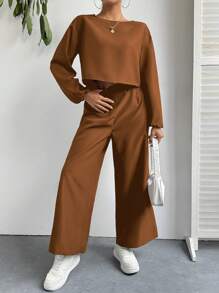 SHEIN Essnce 2 件女式船领长袖上衣和纯色休闲裤套装 - 棕色 - 查看 6