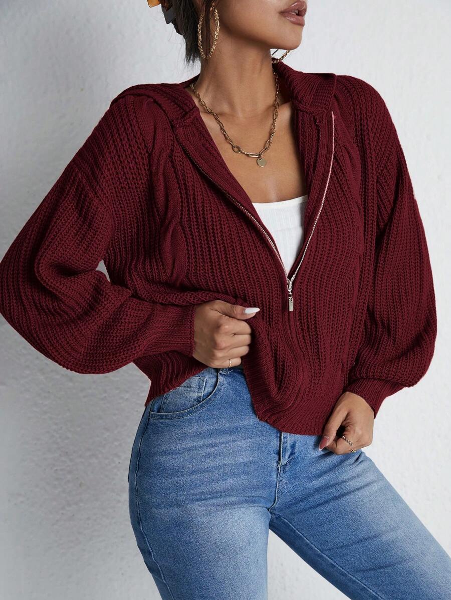 EURMUSE Xoắn Dan Thả vai Dây kéo áo có mũ Áo len Mở - Màu Đỏ Sâu - Xem 1