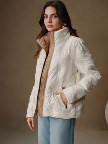 Anewsta Women Short Beige Stand Collar Long Sleeve Embroidered Sequin Jacket