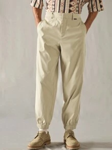 Manfinity VCAY Men's Casual Loose Fit Solid Color Drawstring Elastic Waist Straight Leg Pants - Khaki - View 5