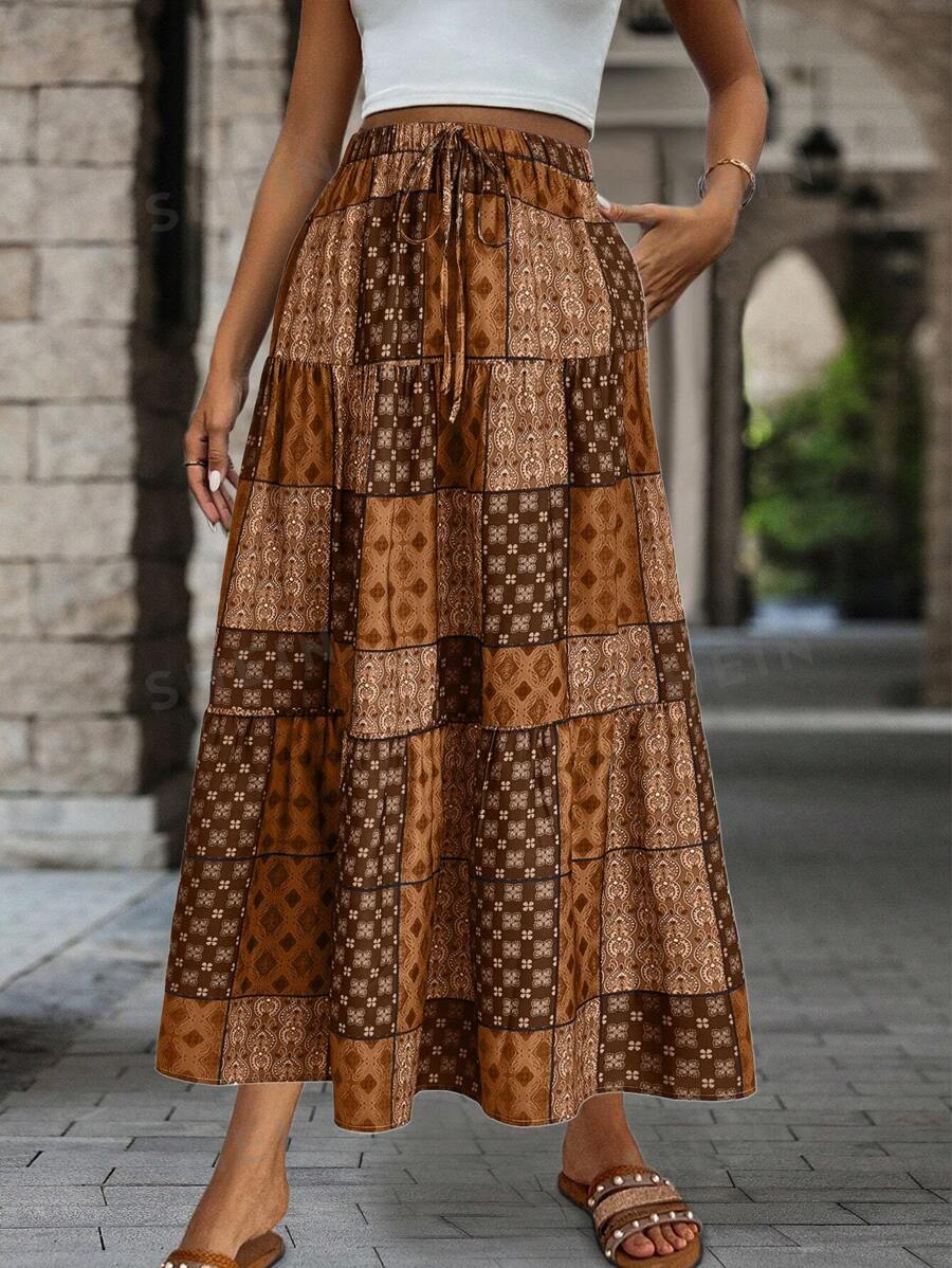 EMERY ROSE Falda larga de estilo vintage con estampado simple y corte evasé para uso diario, atuendo de mujer