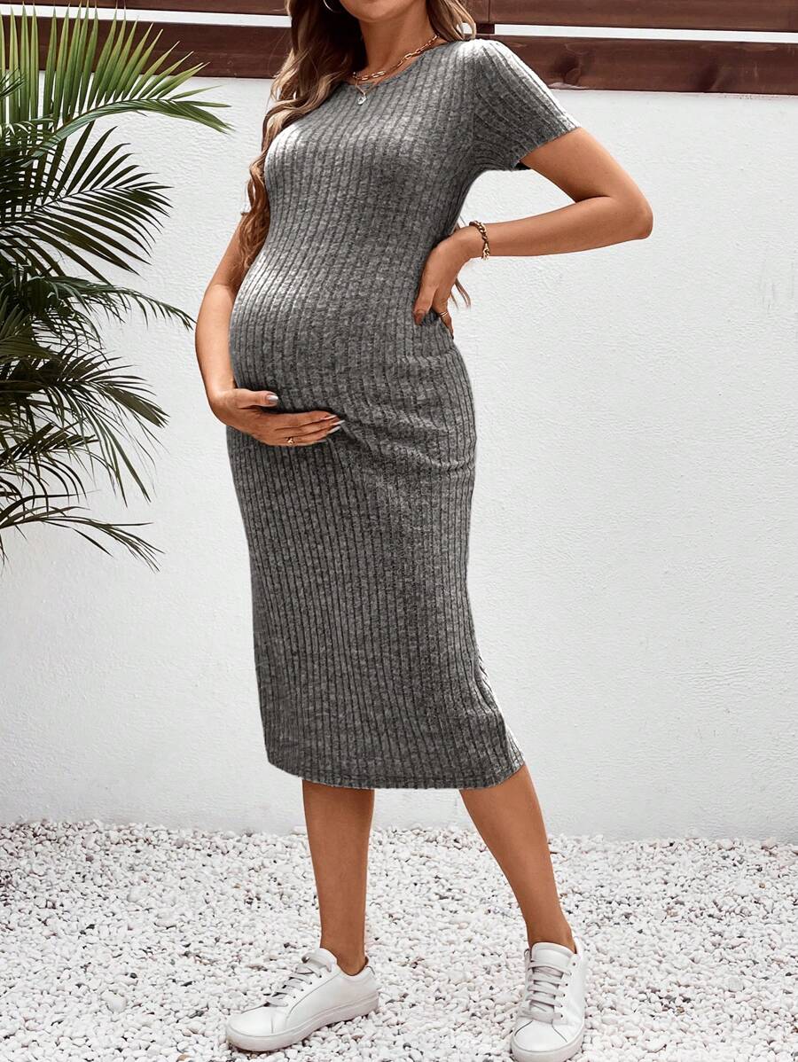 SHEIN 孕妇休闲圆领修身中长孕妇连衣裙 - 灰色 - 查看 1