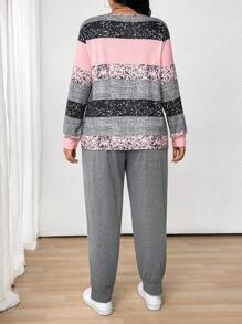 2 件大码圆领拼色长袖上衣和抽绳腰慢跑裤套装 - 彩色 - 查看 2