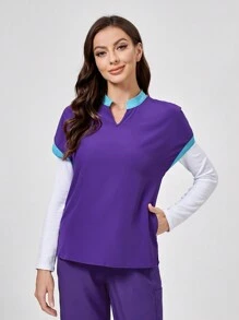 TaskEZ Parte superior de uniforme de manga corta tipo murciélago de cuello en V de color contrastante, parte superior de uniforme clásica moderna suave con ribete de contraste