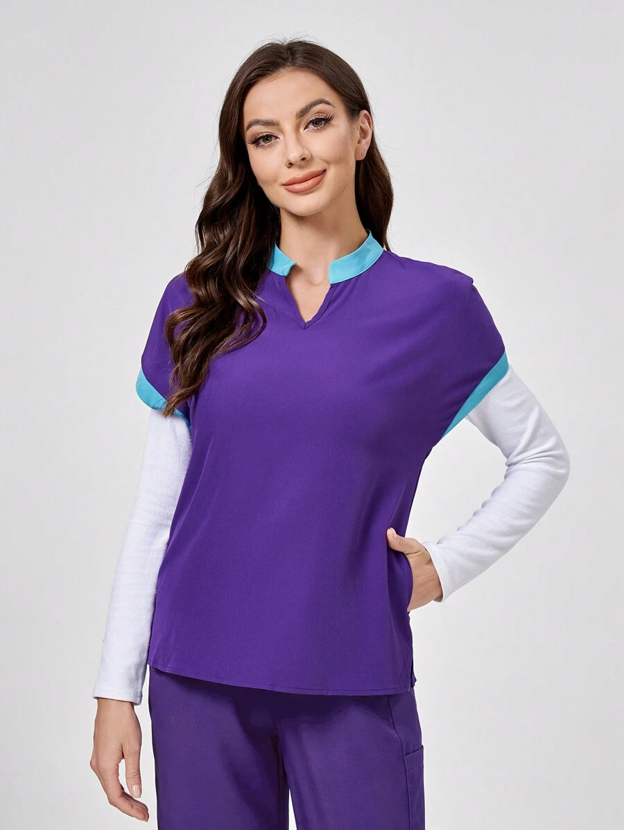 TaskEZ 对比色 V 领蝙蝠袖短袖制服上衣，现代经典柔和对比边饰磨砂上衣 - 紫色 - 查看 1