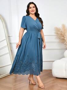 Modelyn Plus Size V-Neck Half Sleeve Waist Tie Pleated Elegant Dress - Blue - View 5