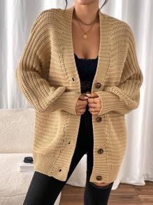 Chiquease Damen Einfarbige Minimalistische Lässig Strickjacke - Khaki - Übersicht 4